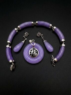 Chinese Good Fortune Jewelry Set Lavender Jade 925 Silver Purple Stone